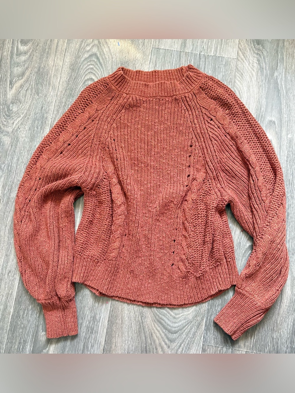 American Eagle balloon sleeve Rust Cable Knit Crewneck Sweater - Women